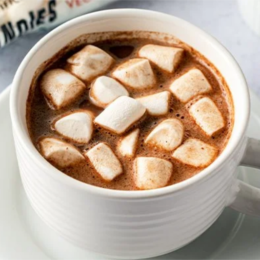A close-up of a white ceramic mug filled with hot chocolate topped with Dandies Mini Vegan Marshmallows, set on a white saucer with a blurred background