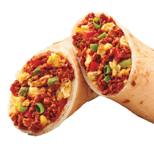 Cut-in-half burrito with soyrizo, eggs, and green onions on a white background