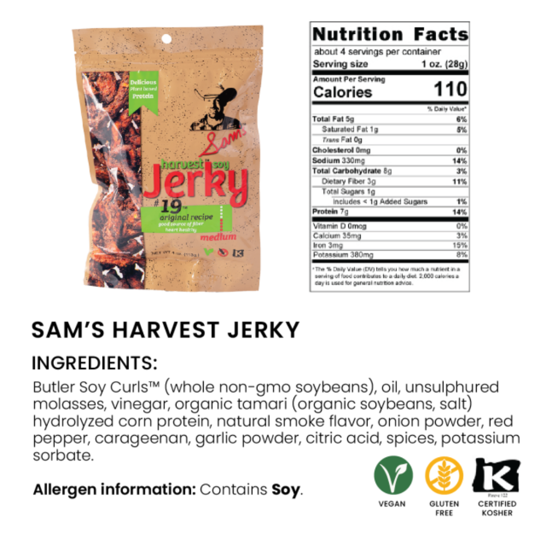 Sam's Harvest Jerky - Vegan, Gluten Free - 4 Oz