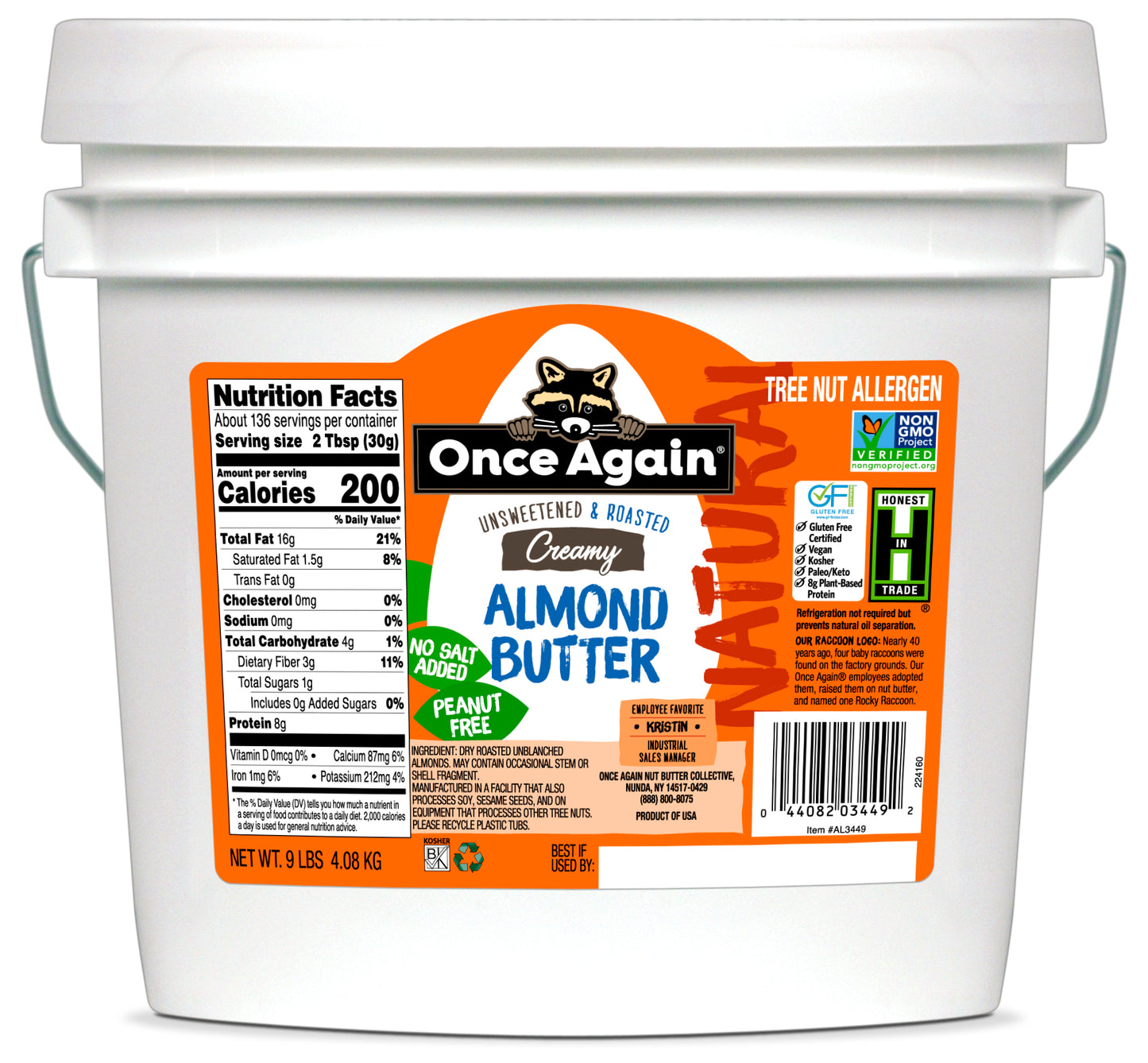 A white plastic container with a handle, labeled 'Once Again Almond Butter, Smooth - 9 lb', with various product attributes like non-GMO, vegan, kosher, and gluten-free indicated on the label.