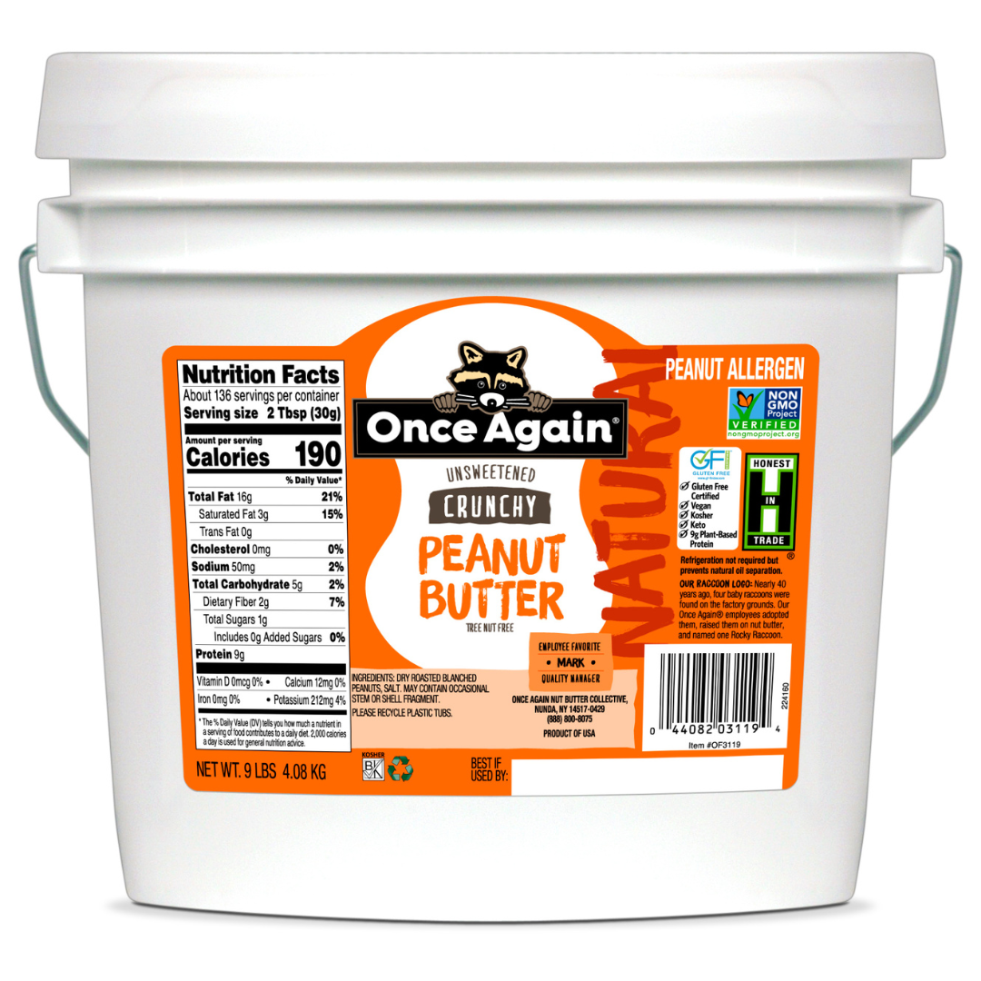 A 9 lb tub of Once Again Natural Crunchy Peanut Butter, with the label showing the brand, product name, and nutritional facts.