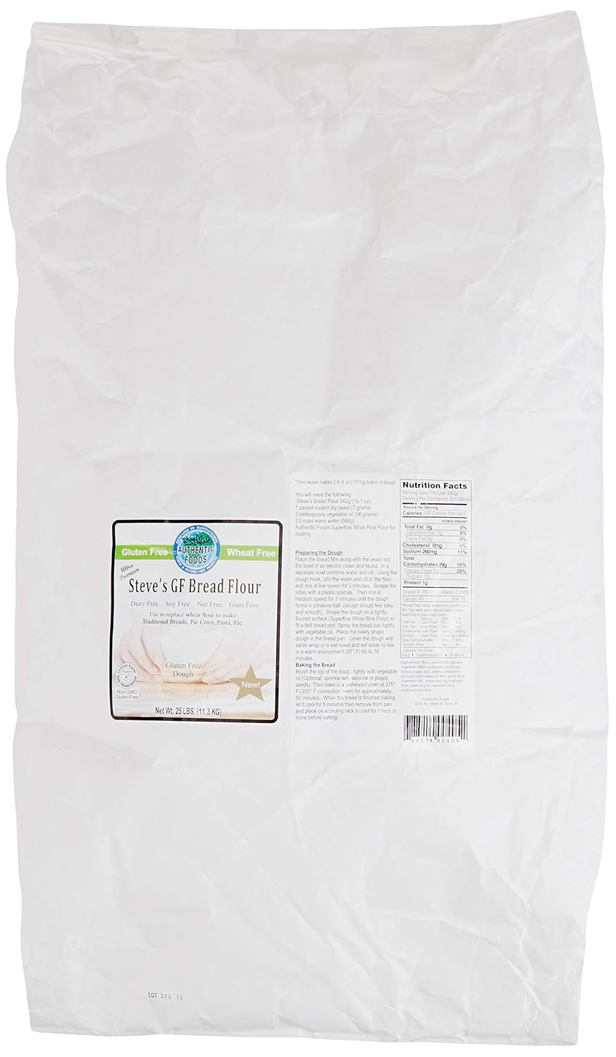 A large white bag of Authentic Foods Steve's GF Bread Flour with two labels, one with the brand and product name, and another with ingredients and nutrition information
