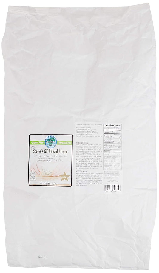 A large white bag of Authentic Foods Steve's GF Bread Flour with two labels, one with the brand and product name, and another with ingredients and nutrition information