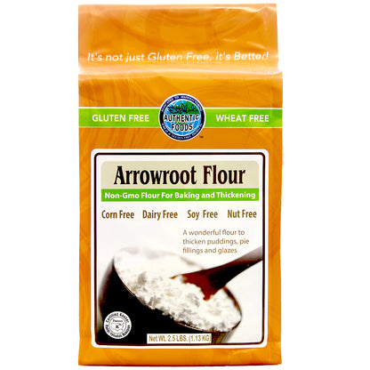 A package of Authentic Foods Arrowroot Flour with the label showing it is gluten-free, wheat-free, corn-free, dairy-free, soy-free, and nut-free.