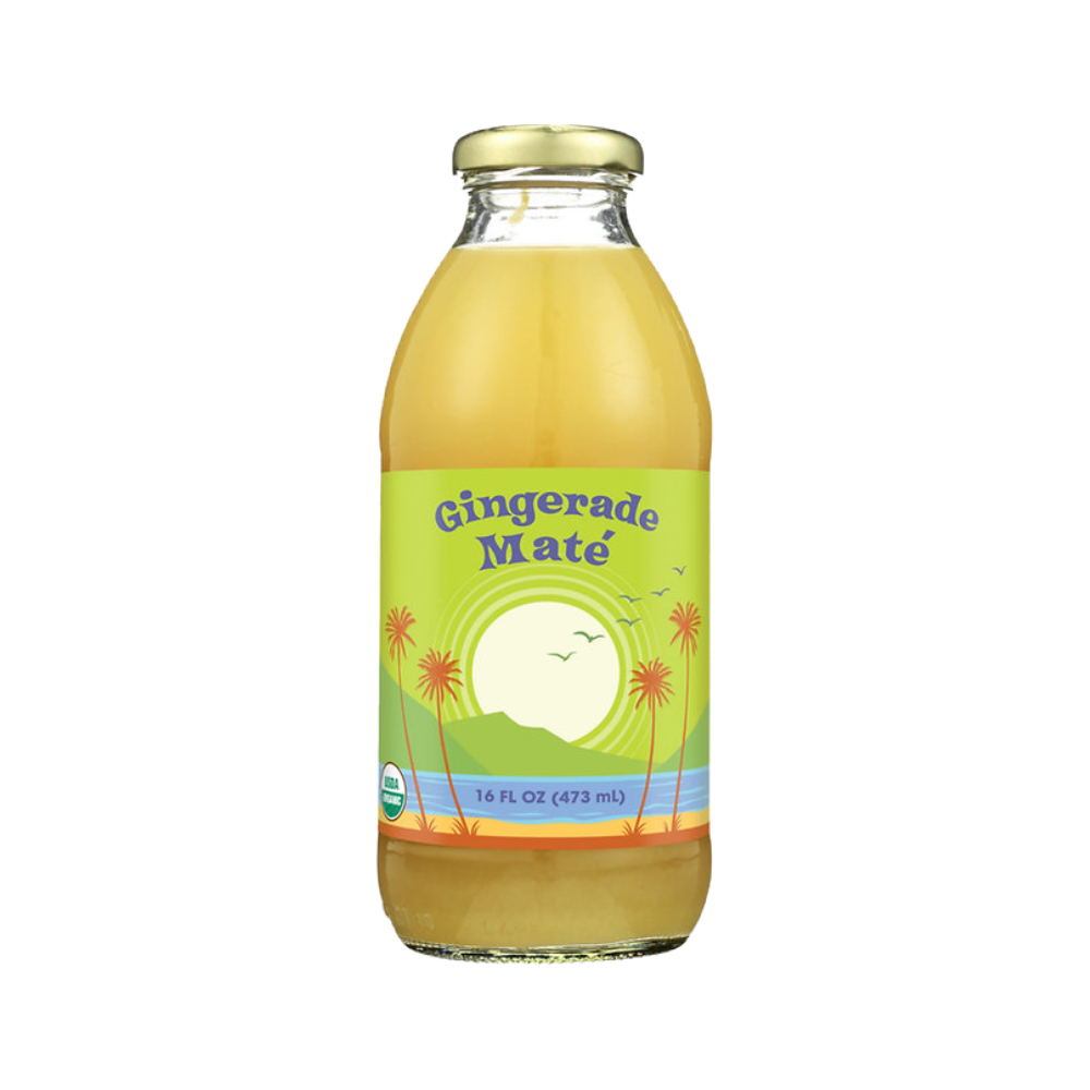A 16 fl oz glass bottle of Big Island Organics Gingerade Mate juice with a gold cap and a green tropical-themed label