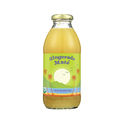 A 16 fl oz glass bottle of Big Island Organics Gingerade Mate juice with a gold cap and a green tropical-themed label