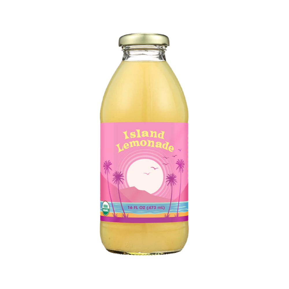 A 16 fl oz glass bottle of Big Island Organics - Island Lemonade with a pink tropical sunset label, filled with yellow lemonade and topped with a gold cap