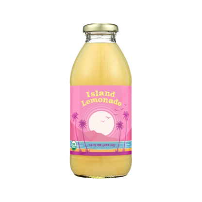 A 16 fl oz glass bottle of Big Island Organics - Island Lemonade with a pink tropical sunset label, filled with yellow lemonade and topped with a gold cap