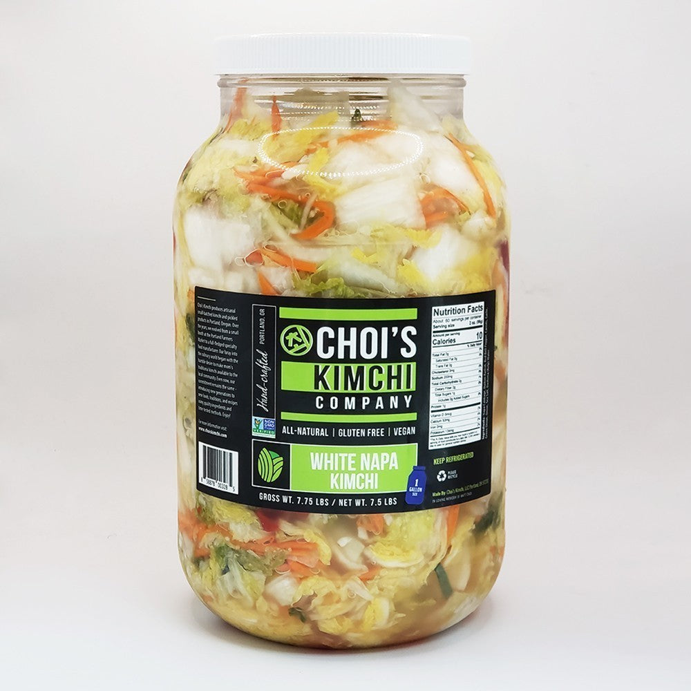 A 7.5 lb clear jar of Choi's Kimchi Company White Napa Kimchi, with visible pieces of carrot and cabbage in brine