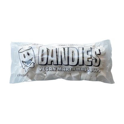 A package of Dandies Classic Vegan Marshmallows, showing the white marshmallows visible through a clear plastic bag with bold black and white branding.