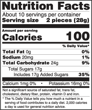 A Nutrition Facts label for Dandies Classic Vegan Marshmallows with 100 calories per serving, 2 pieces per serving size, and a black background with white text.