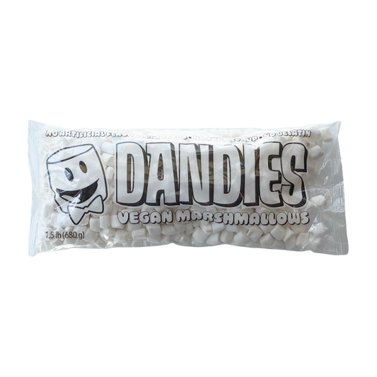 A 1.5 lb bag of Dandies Mini Vegan Marshmallows, featuring the brand's logo and name on a clear plastic package containing white marshmallows.