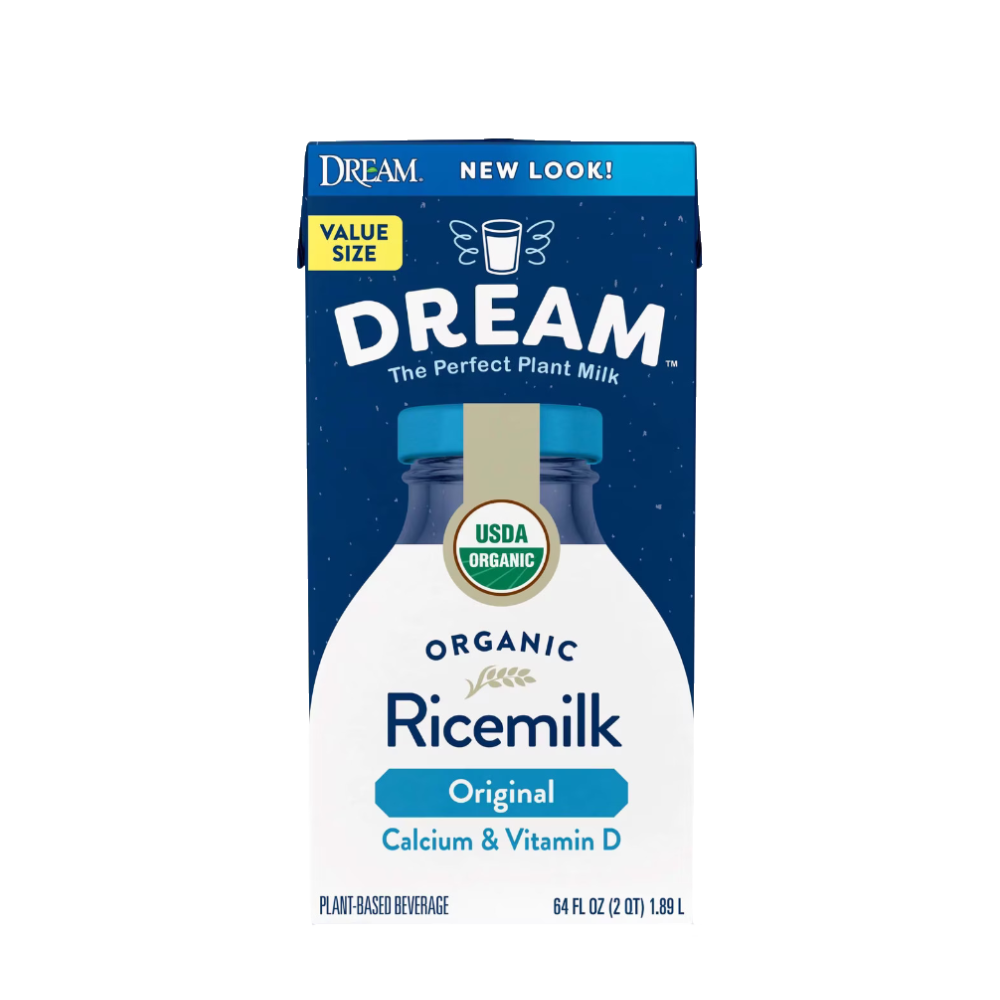 A 64 fl oz carton of Dream Organic Ricemilk, Original, plant-based beverage. The packaging features a dark blue top half with white text and a yellow 'Value Size' badge, and a white bottom half depicting a bottle of milk with a blue cap.