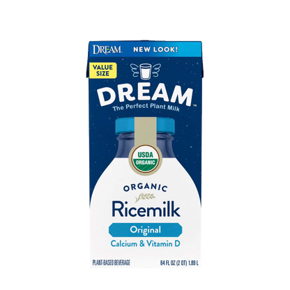 A 64 fl oz carton of Dream Organic Ricemilk, Original, plant-based beverage. The packaging features a dark blue top half with white text and a yellow 'Value Size' badge, and a white bottom half depicting a bottle of milk with a blue cap.