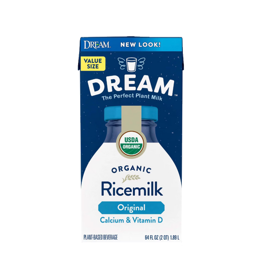 A 64 fl oz carton of Dream Organic Ricemilk, Original, plant-based beverage. The packaging features a dark blue top half with white text and a yellow 'Value Size' badge, and a white bottom half depicting a bottle of milk with a blue cap.