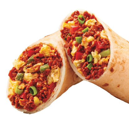 Cut-in-half burrito with soyrizo, eggs, and green onions on a white background