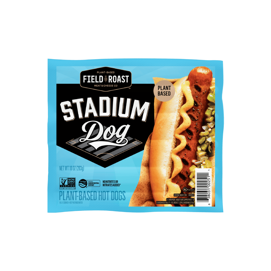 Field Roast Stadium Dog Plant Based Hot Dogs in a light blue and black package with a photo of the hot dog on the front.
