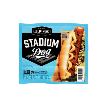 Field Roast Stadium Dog Plant Based Hot Dogs in a light blue and black package with a photo of the hot dog on the front.