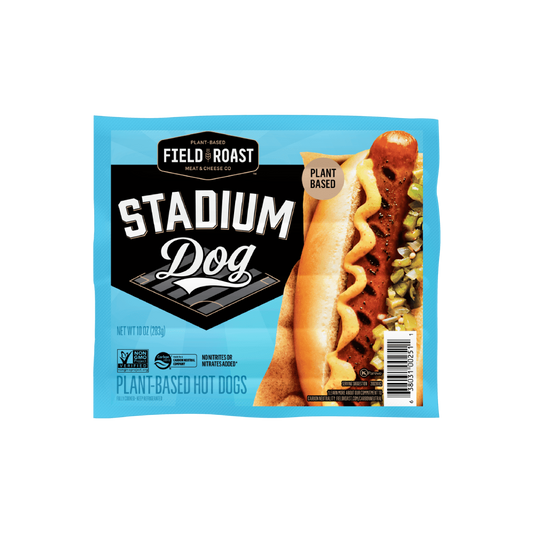 Field Roast Stadium Dog Plant Based Hot Dogs in a light blue and black package with a photo of the hot dog on the front.