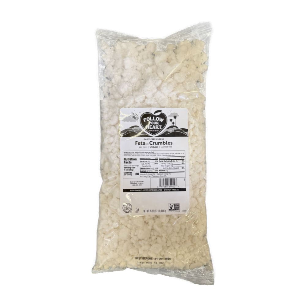A large clear bag of Follow Your Heart Dairy-Free Feta Crumbles