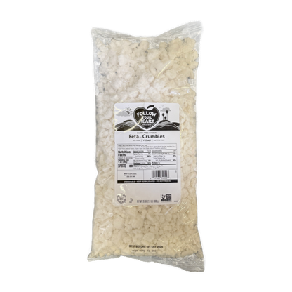 A large clear bag of Follow Your Heart Dairy-Free Feta Crumbles