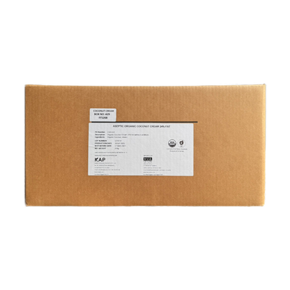 A brown cardboard box with a white label for 24% fat organic coconut cream