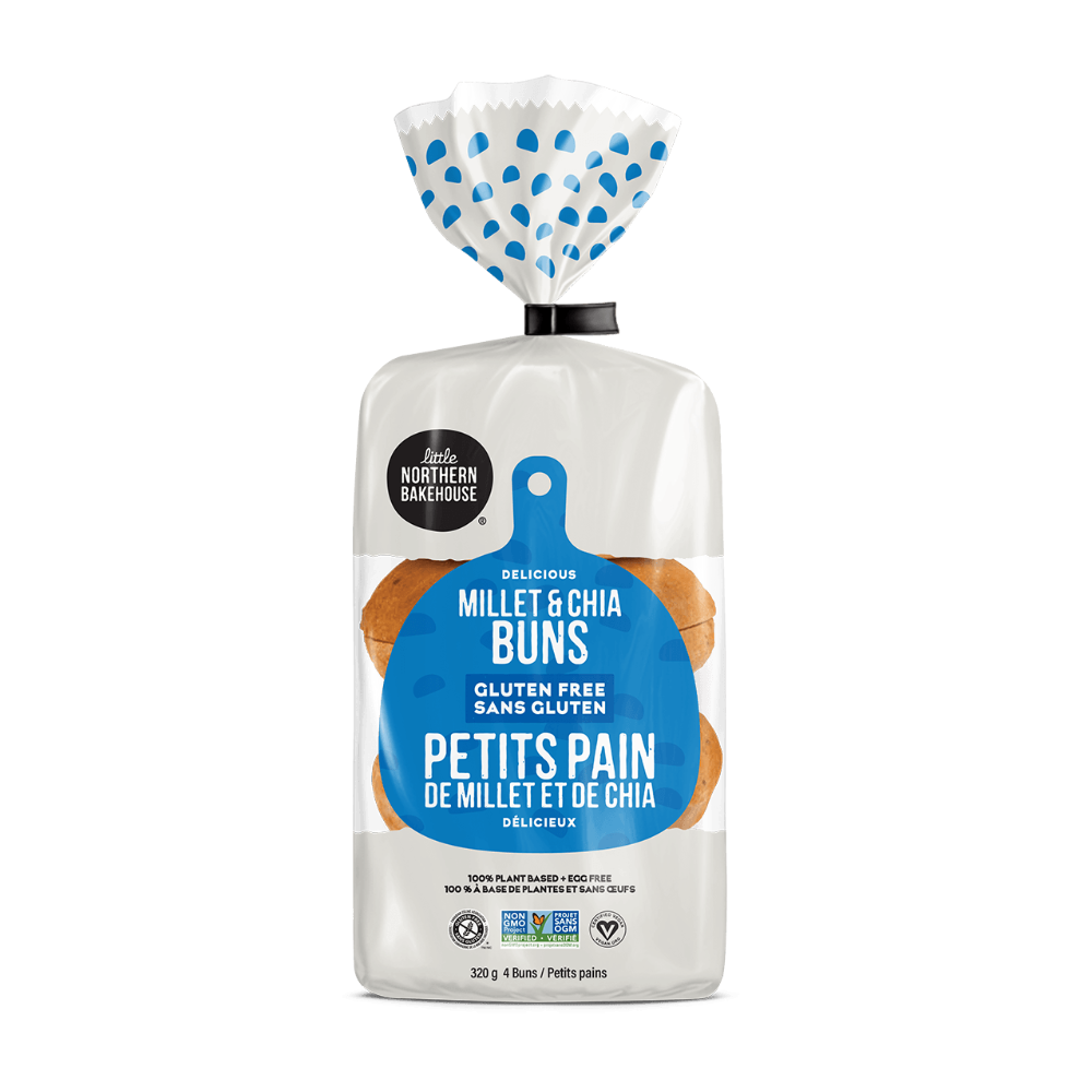Packaged Little Northern Bakehouse gluten-free millet and chia buns with a blue label