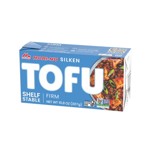 Box of Mori-Nu Firm Silken Tofu, shelf stable, 10.8 oz, with a picture of the tofu on the front