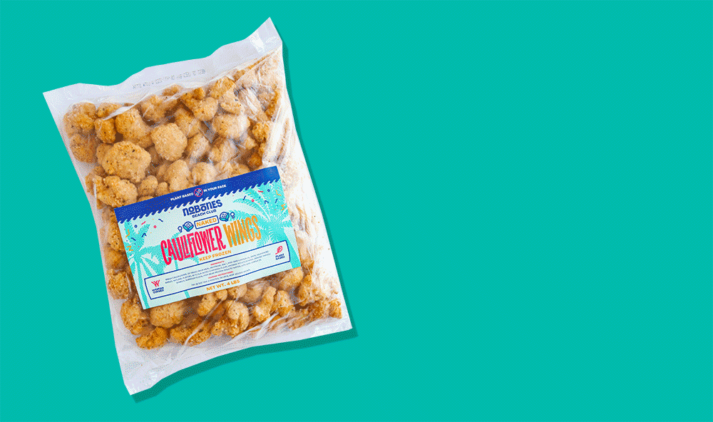 An animated image with three clear packages of No Bones Frozen Cauliflower Wings that appear from left to right, with each new package slightly overlapping the previous one. Each package has a light blue label with pink and yellow text.