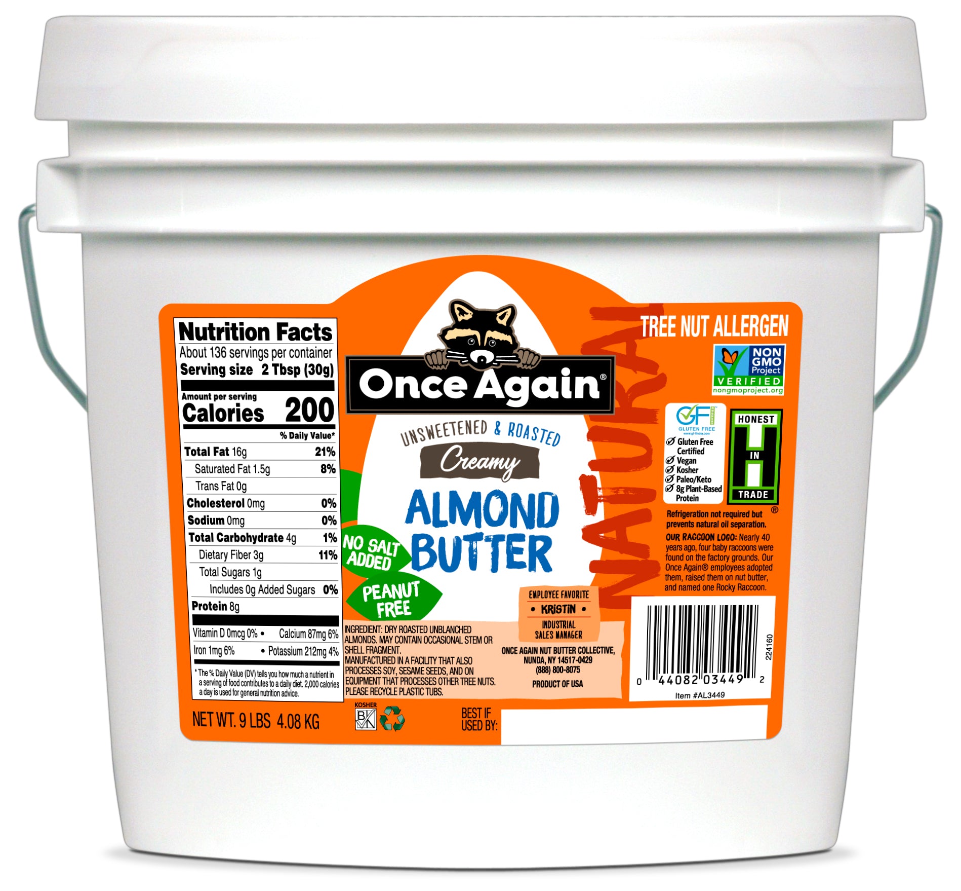 A white plastic container with a handle, labeled 'Once Again Almond Butter, Smooth - 9 lb', with various product attributes like non-GMO, vegan, kosher, and gluten-free indicated on the label.