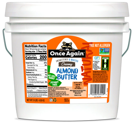A white plastic container with a handle, labeled 'Once Again Almond Butter, Smooth - 9 lb', with various product attributes like non-GMO, vegan, kosher, and gluten-free indicated on the label.