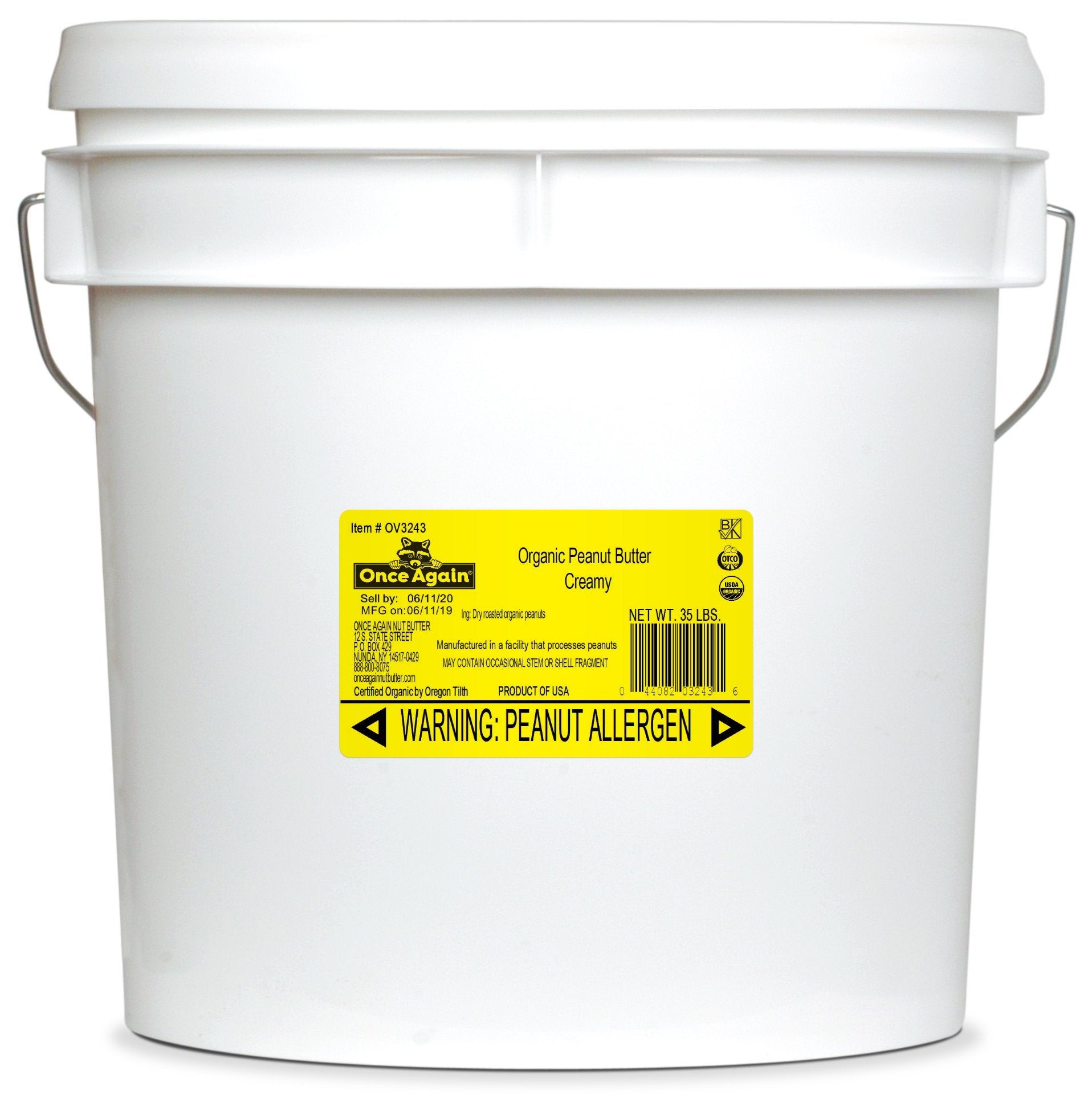 A 35 lb tub of Once Again Organic Creamy Peanut Butter, Unsalted. It has a yellow label with the logo, allergen information, and certifications for organic and kosher.