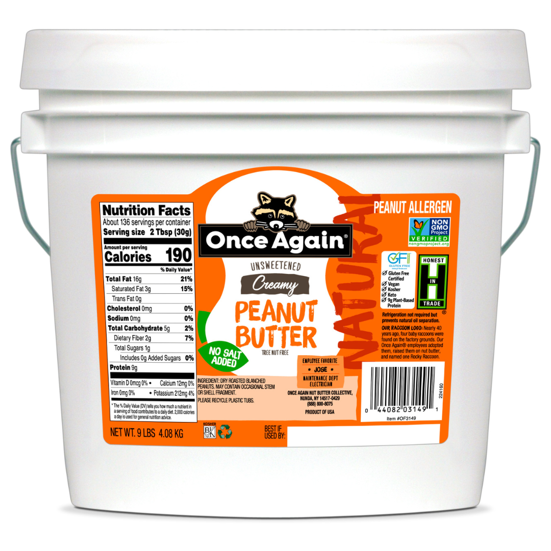 A 9 lb plastic tub of unsalted Once Again Natural Creamy Peanut Butter with the label showing the brand name, product name, and nutritional information.