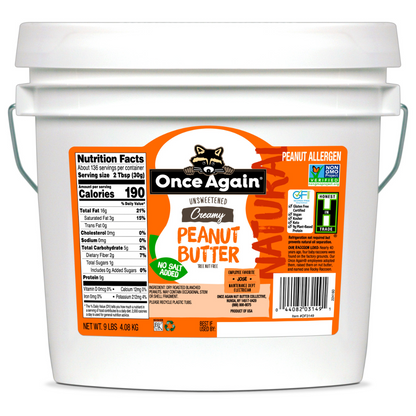 A 9 lb plastic tub of unsalted Once Again Natural Creamy Peanut Butter with the label showing the brand name, product name, and nutritional information.