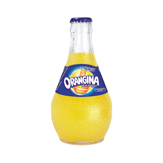 A glass bottle of Orangina soda with a blue cap and a blue label featuring the brand name 'ORANGINA' in white, filled with yellow-orange carbonated drink