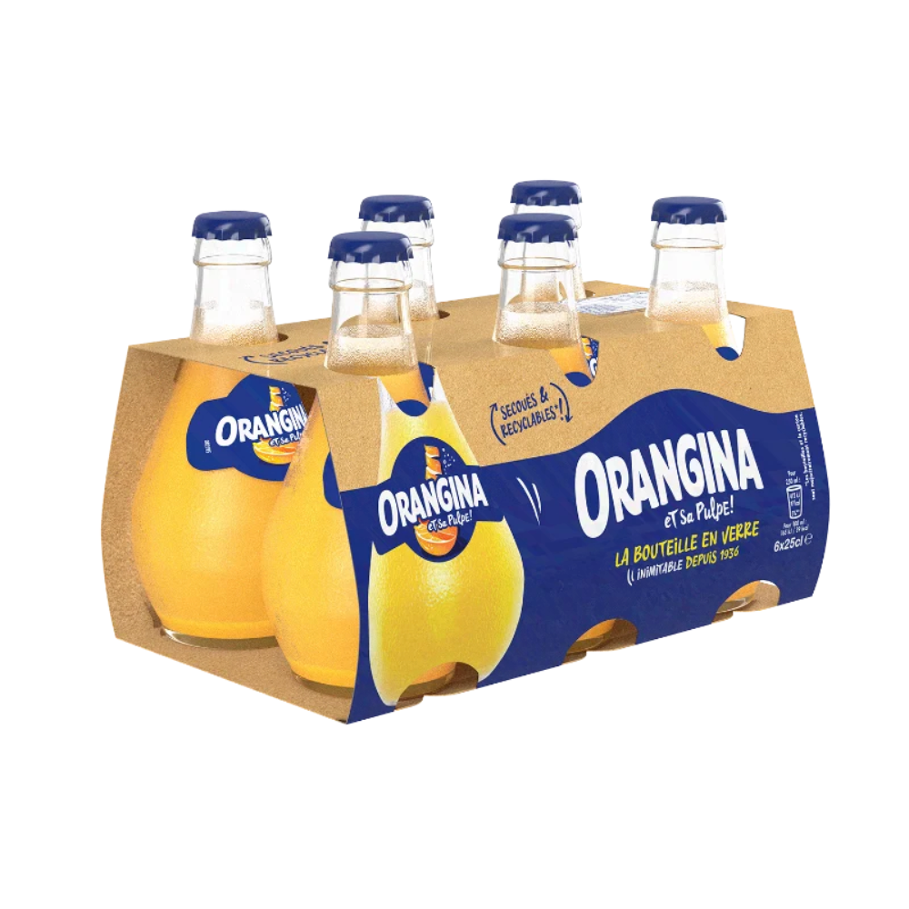 A six-pack cardboard carrier of Orangina orange-flavored bottled drinks, showing yellow-orange liquid in clear glass bottles with blue caps