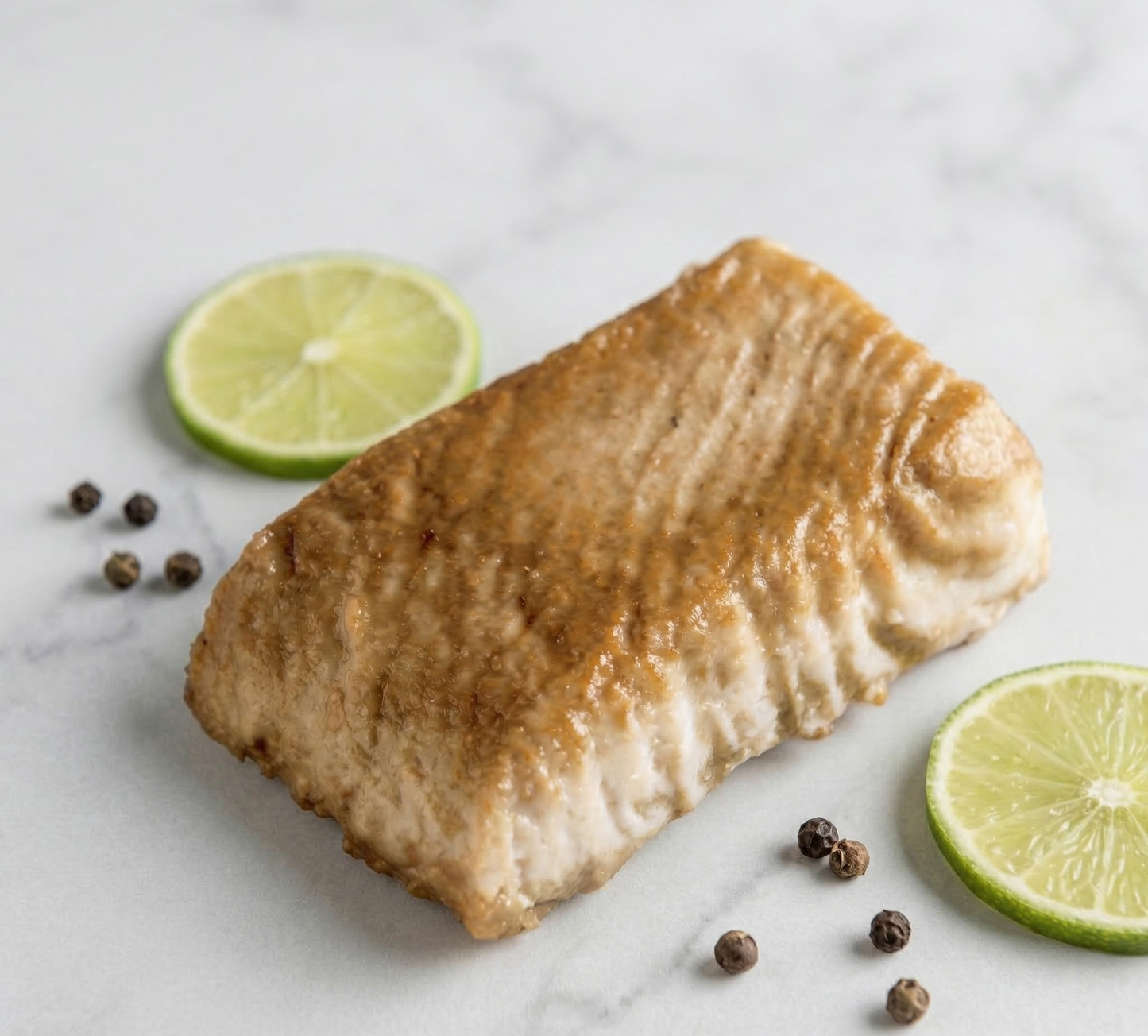 A cooked Oshi Plant-Based White Fish Fillet with a golden-brown seared surface, photographed on a light marble surface with lime slices and scattered peppercorns around it.
