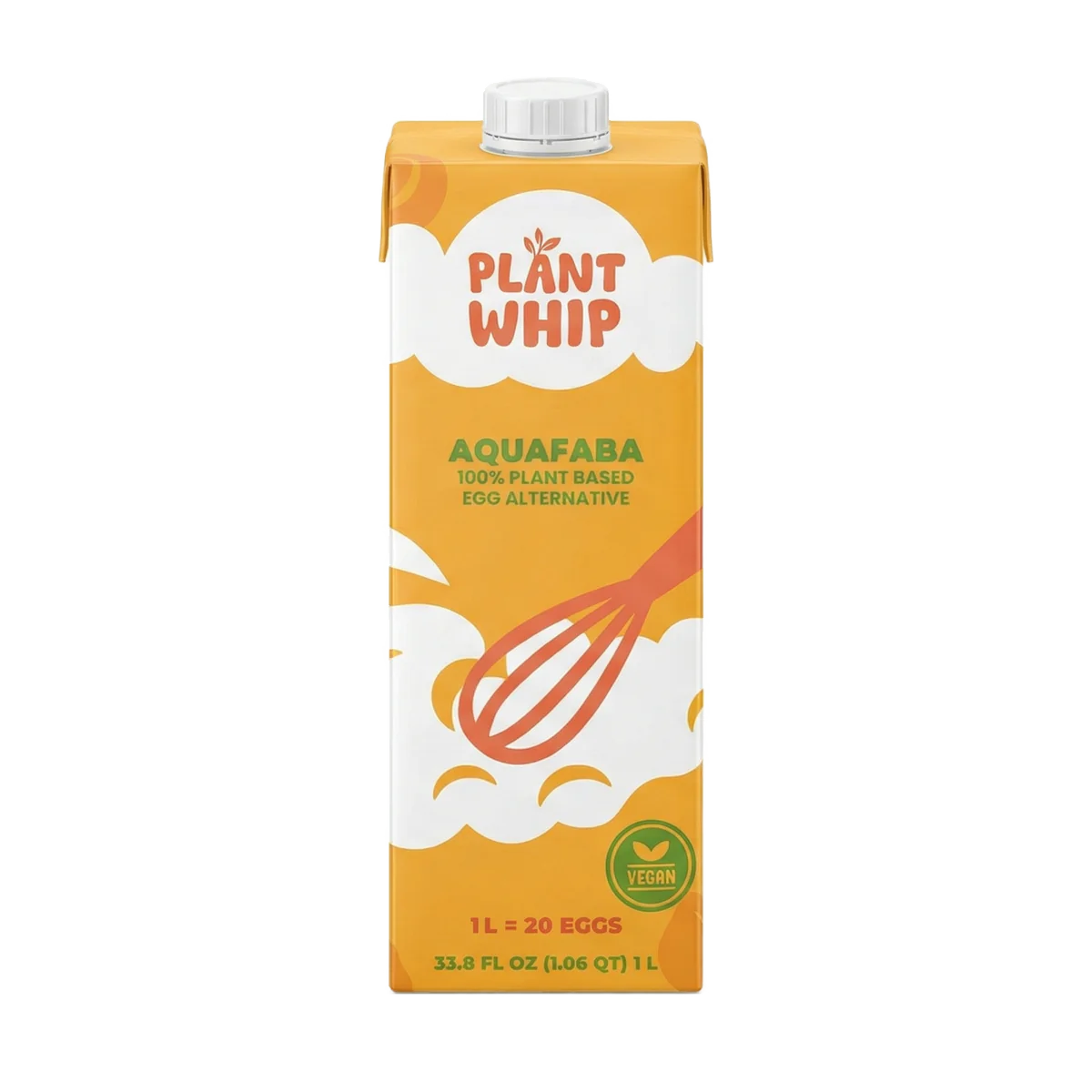 Plant Whip Aquafaba 1L carton, a 100% plant-based egg alternative in orange and white packaging with a whisk graphic