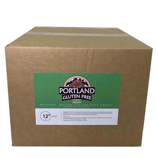 A large brown cardboard box for Portland Gluten Free Vegan pizza crusts, featuring a green and white label on the front.