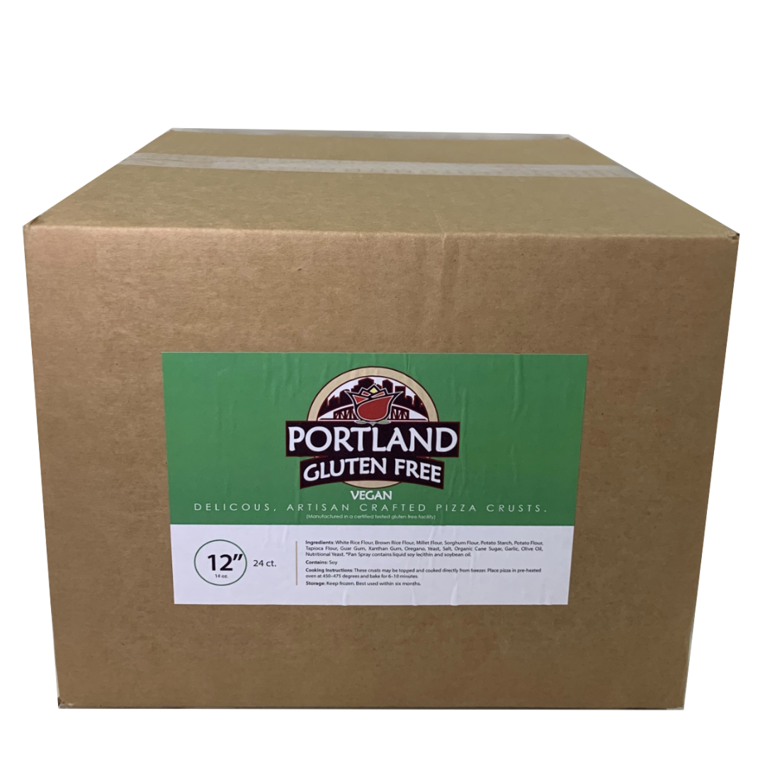 A large brown cardboard box of 12" Portland Gluten Free Vegan pizza crusts, featuring a green and white label on the front.