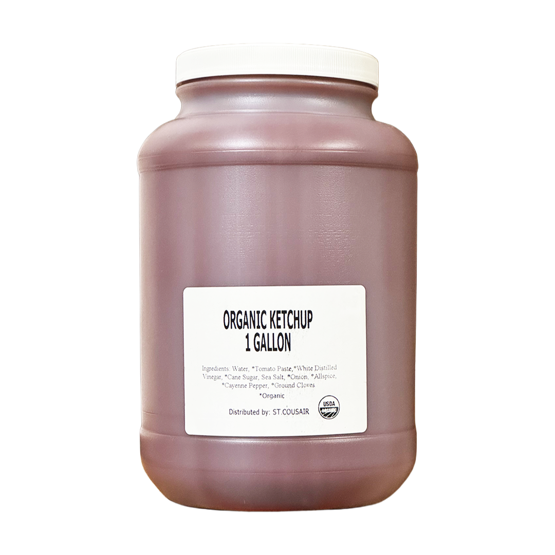 A 1-gallon plastic tub of Portlandia Organic Ketchup with a white lid and a white label