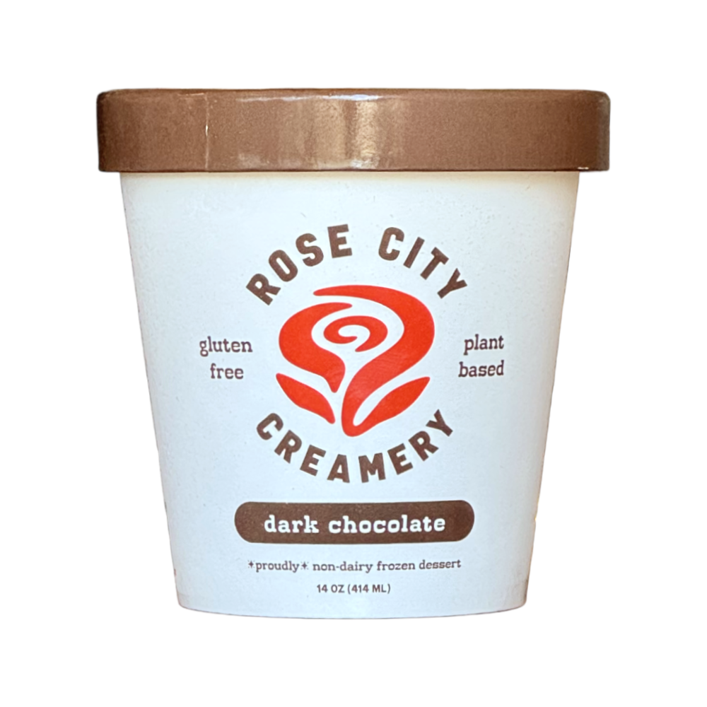 A 14 oz tub of Rose City Creamery dark chocolate ice cream, featuring a white container with a brown lid and a red rose logo