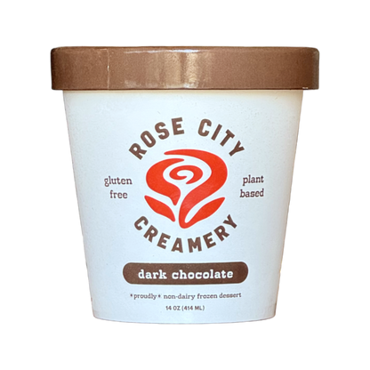 A 14 oz tub of Rose City Creamery dark chocolate ice cream, featuring a white container with a brown lid and a red rose logo