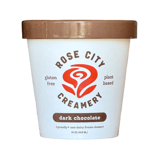 A 14 oz tub of Rose City Creamery dark chocolate ice cream, featuring a white container with a brown lid and a red rose logo