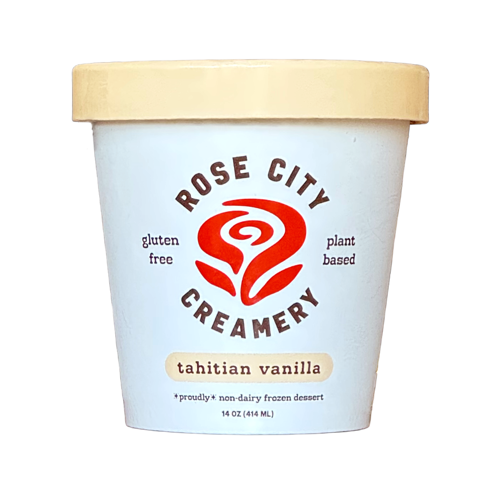 A 14 oz tub of Rose City Creamery tahitian vanilla frozen dessert, featuring a pale blue container with a beige lid and a red rose logo