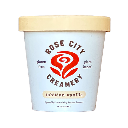 A 14 oz tub of Rose City Creamery tahitian vanilla frozen dessert, featuring a pale blue container with a beige lid and a red rose logo