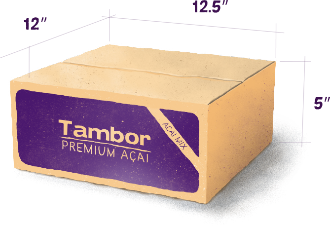 Cardboard box with 'Tambor Premium Açai branding and dimensions displayed.