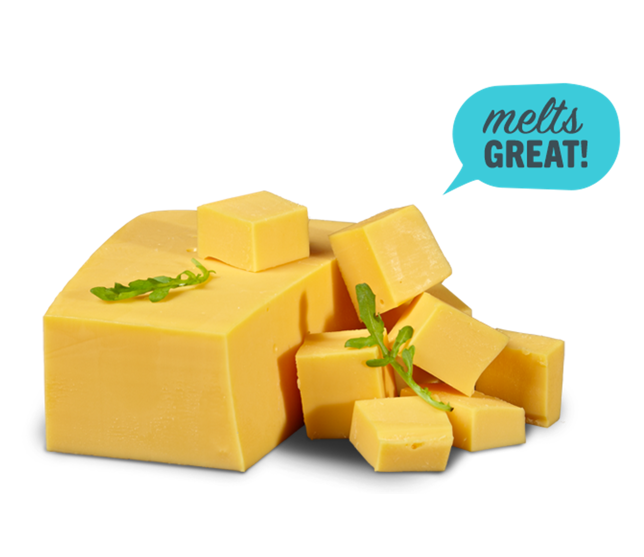 A block of Violife Just Like Cheddar next to several cubed pieces and a speech bubble saying 'melts GREAT!'