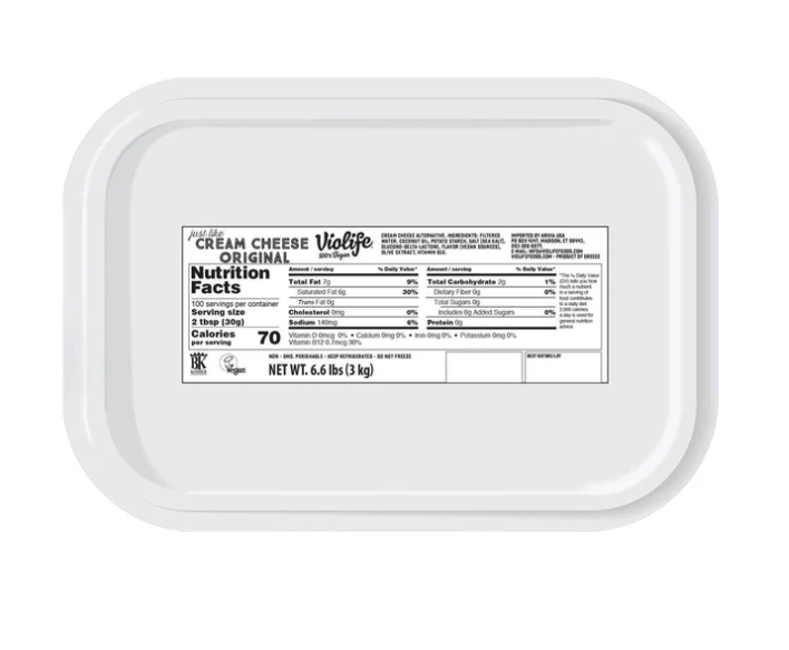 A 3kg white rectangular tub of Violife Just Like Cream Cheese