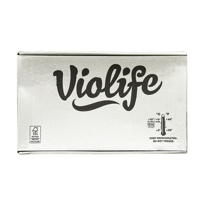 A white box of 24 lb Violife Just Like Cream Cheese with a picture of a thermometer and instructions to keep refrigerated but do not freeze.